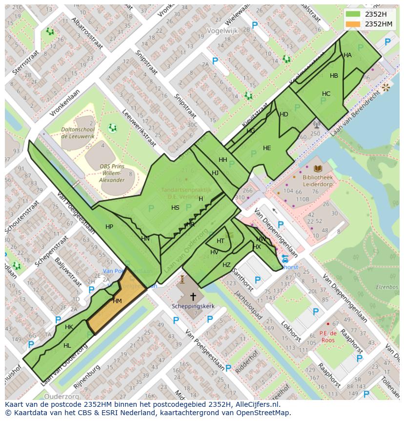 Afbeelding van het postcodegebied 2352 HM op de kaart.