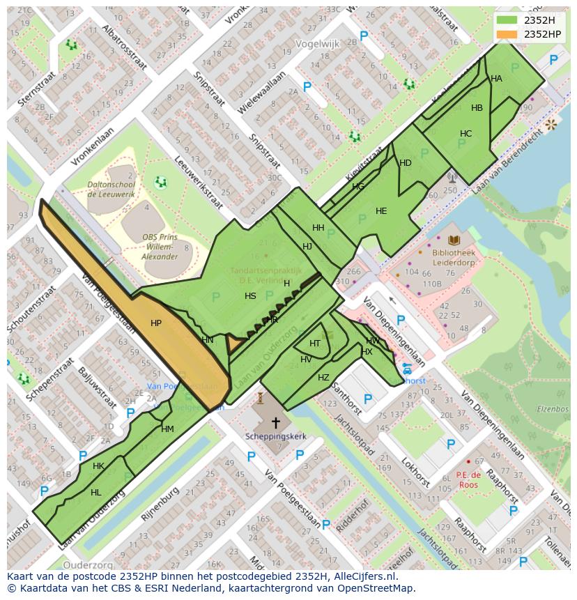 Afbeelding van het postcodegebied 2352 HP op de kaart.