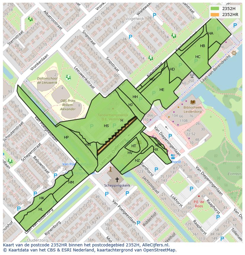 Afbeelding van het postcodegebied 2352 HR op de kaart.