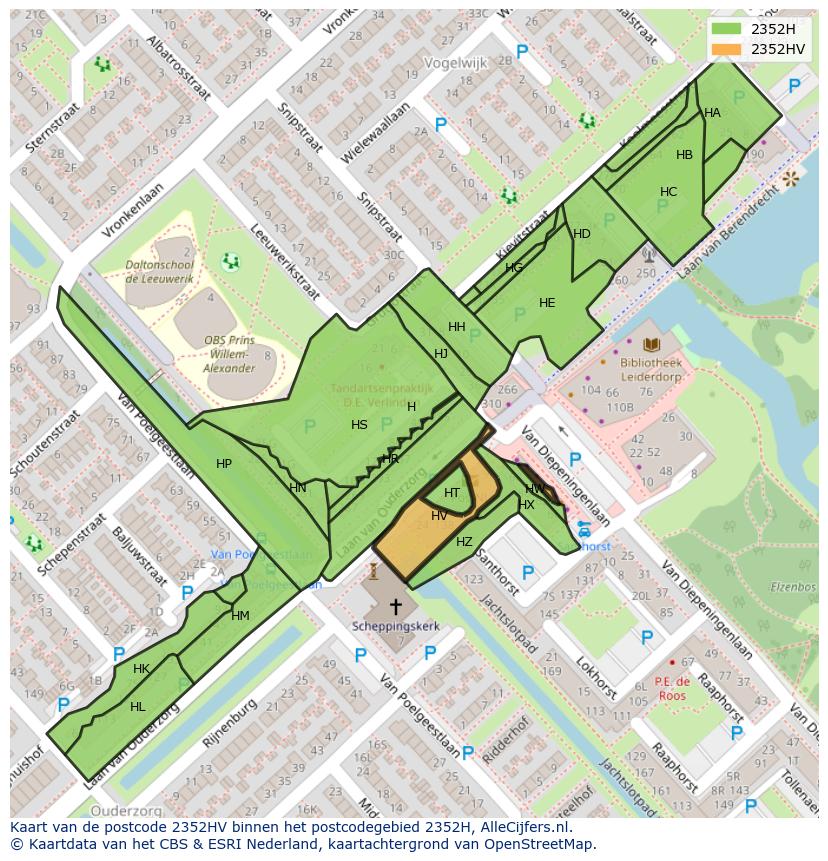 Afbeelding van het postcodegebied 2352 HV op de kaart.