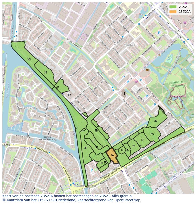 Afbeelding van het postcodegebied 2352 JA op de kaart.