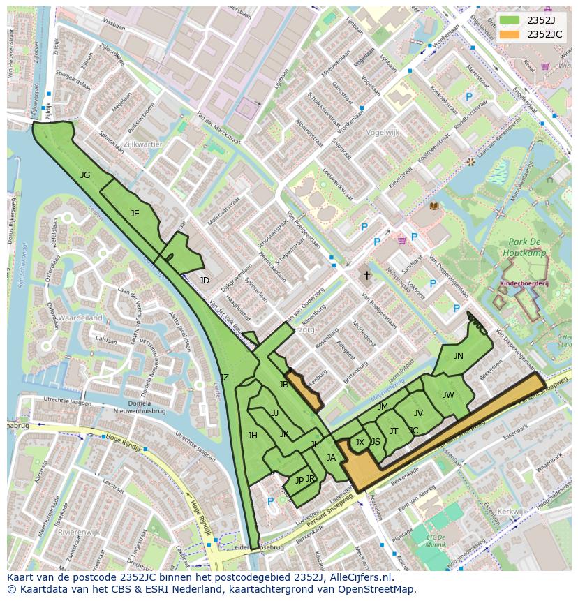 Afbeelding van het postcodegebied 2352 JC op de kaart.