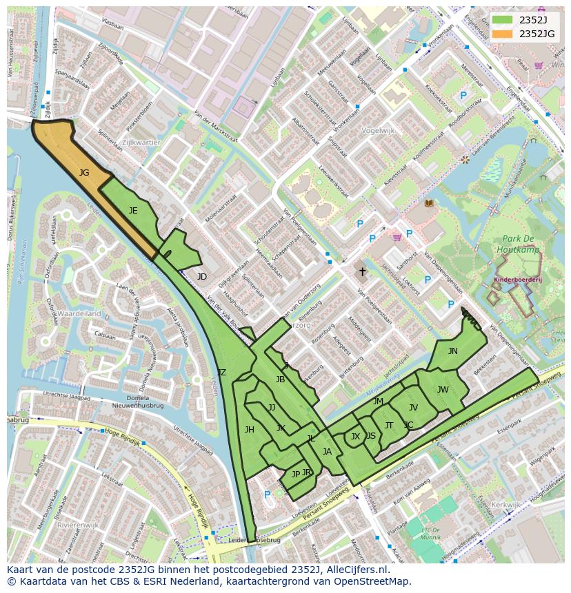 Afbeelding van het postcodegebied 2352 JG op de kaart.