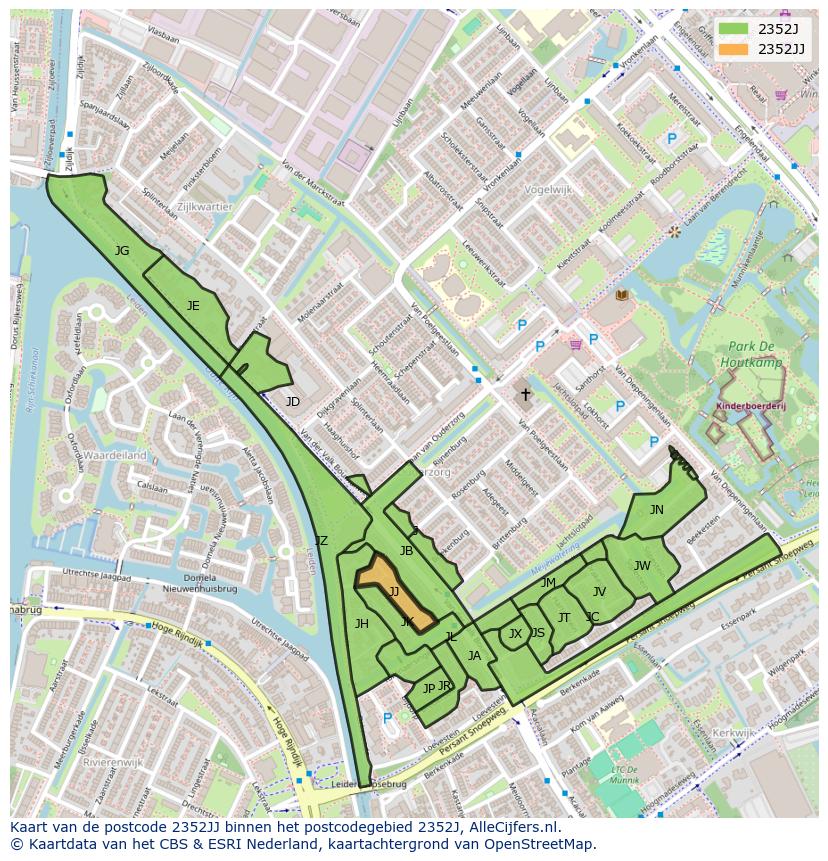 Afbeelding van het postcodegebied 2352 JJ op de kaart.