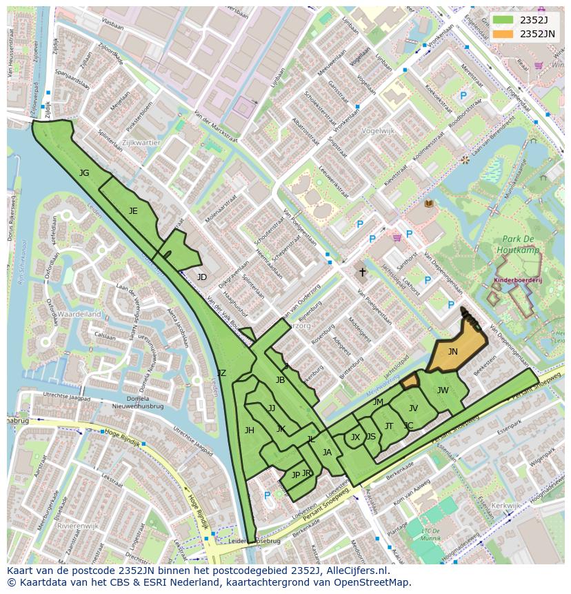 Afbeelding van het postcodegebied 2352 JN op de kaart.