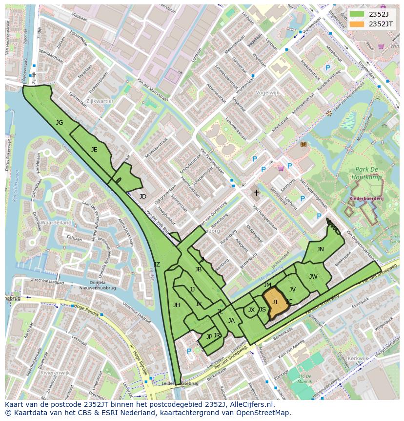 Afbeelding van het postcodegebied 2352 JT op de kaart.