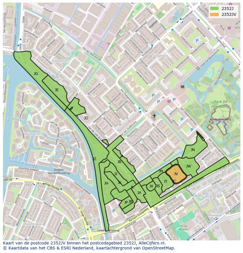 Afbeelding van het postcodegebied 2352 JV op de kaart.