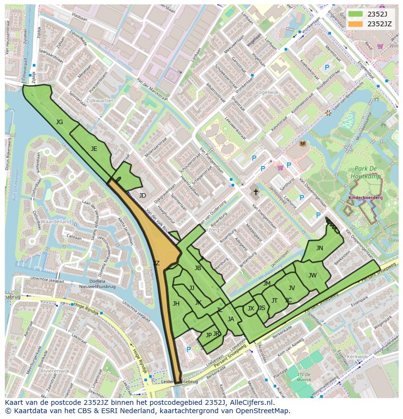 Afbeelding van het postcodegebied 2352 JZ op de kaart.