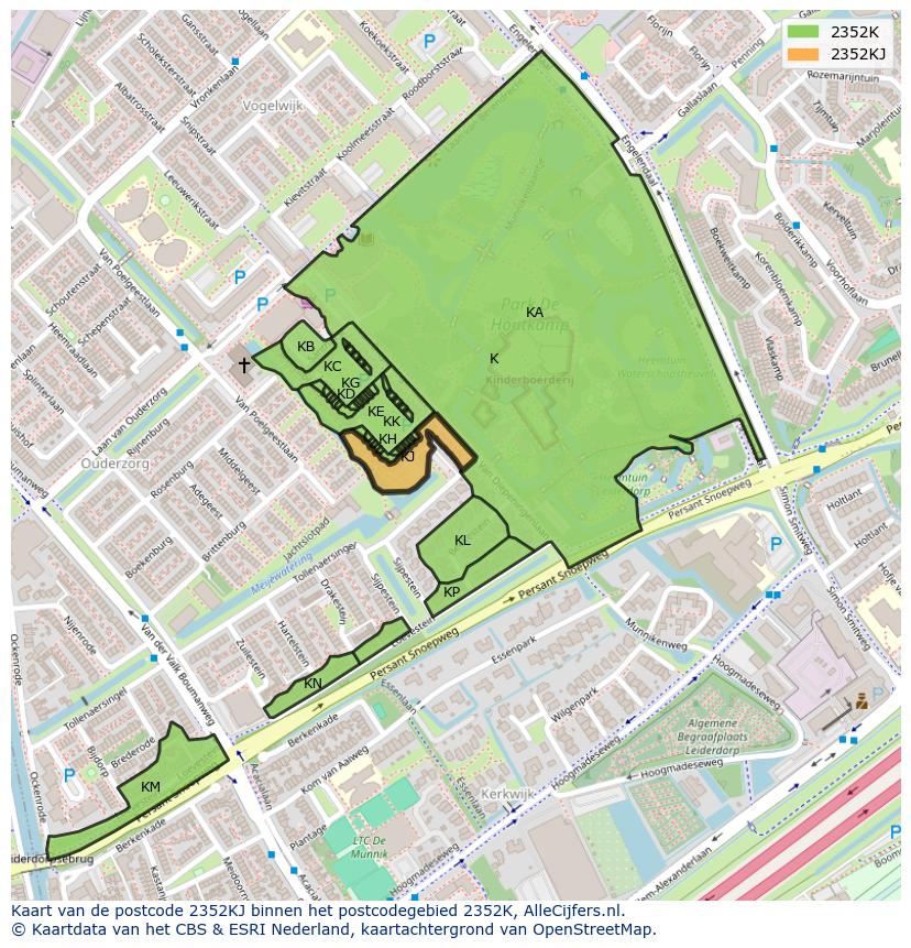 Afbeelding van het postcodegebied 2352 KJ op de kaart.
