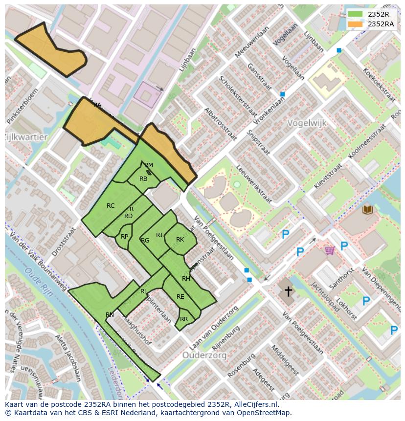 Afbeelding van het postcodegebied 2352 RA op de kaart.