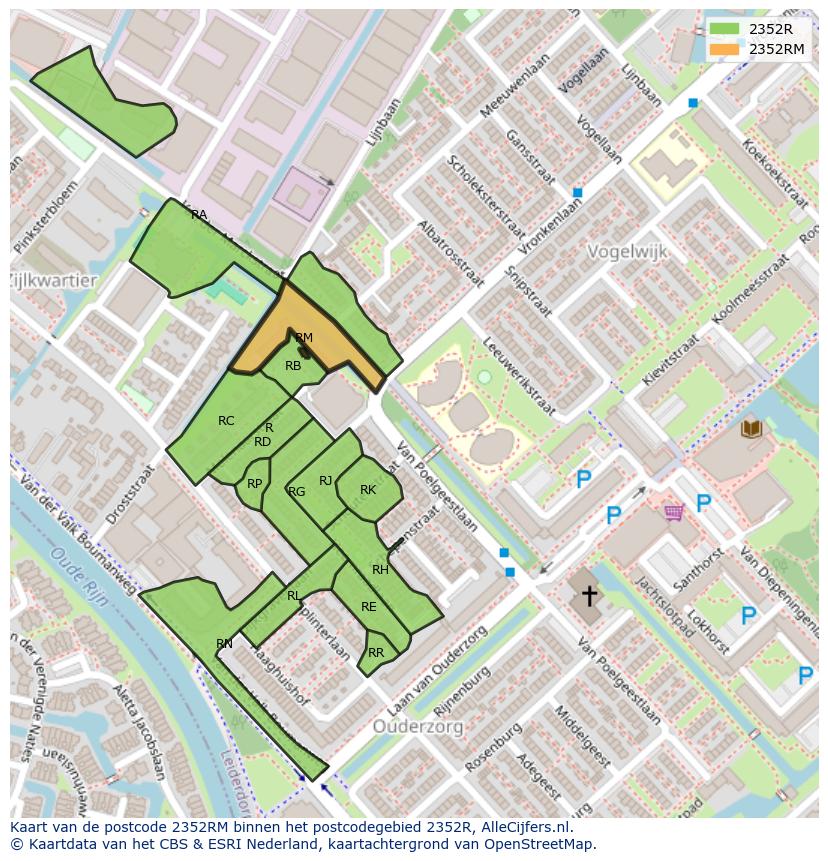 Afbeelding van het postcodegebied 2352 RM op de kaart.