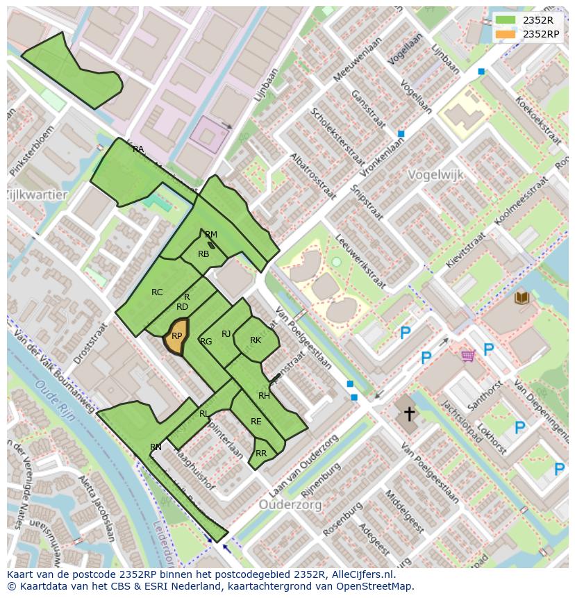 Afbeelding van het postcodegebied 2352 RP op de kaart.