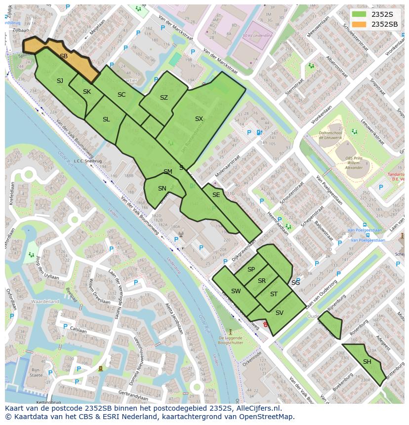 Afbeelding van het postcodegebied 2352 SB op de kaart.
