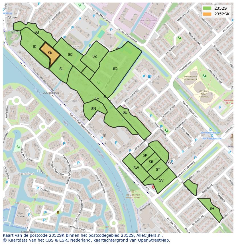 Afbeelding van het postcodegebied 2352 SK op de kaart.