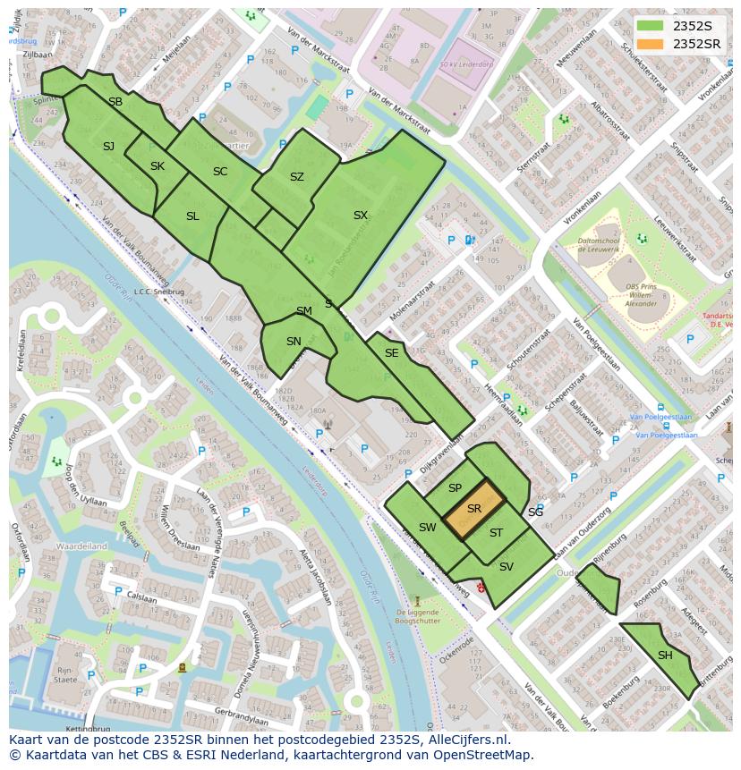 Afbeelding van het postcodegebied 2352 SR op de kaart.