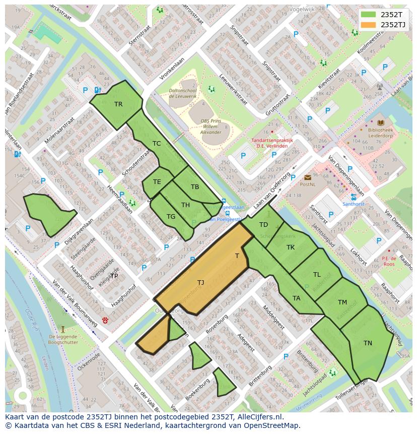 Afbeelding van het postcodegebied 2352 TJ op de kaart.