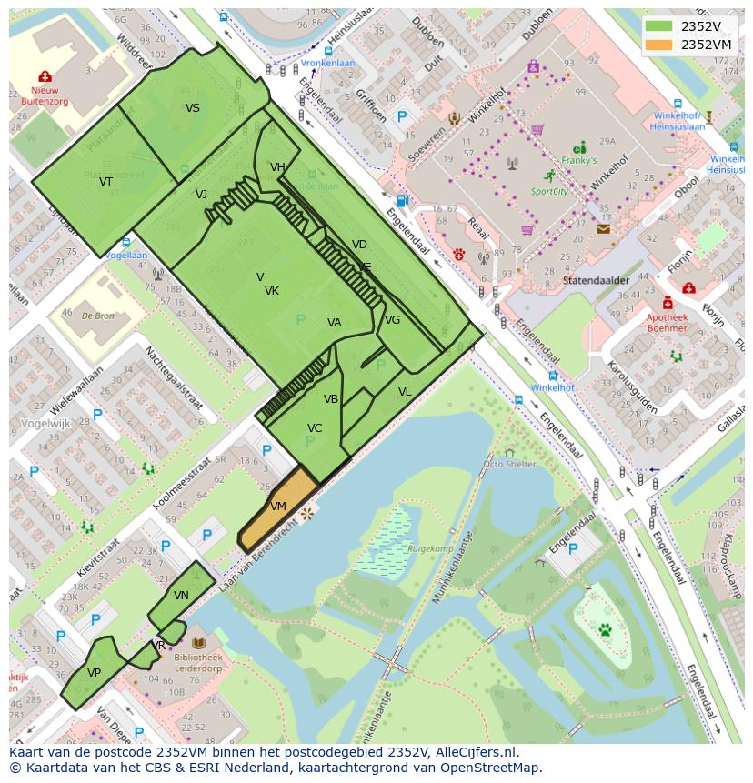 Afbeelding van het postcodegebied 2352 VM op de kaart.