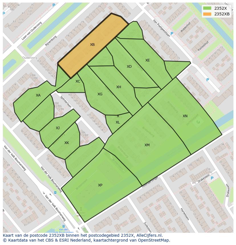 Afbeelding van het postcodegebied 2352 XB op de kaart.
