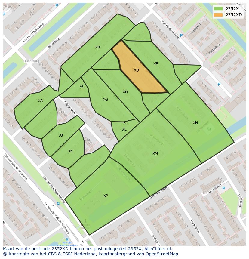 Afbeelding van het postcodegebied 2352 XD op de kaart.