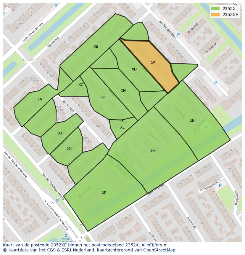 Afbeelding van het postcodegebied 2352 XE op de kaart.