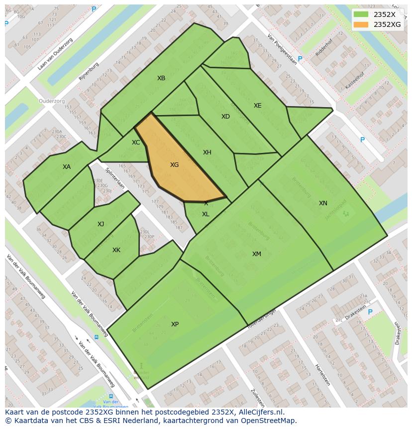 Afbeelding van het postcodegebied 2352 XG op de kaart.