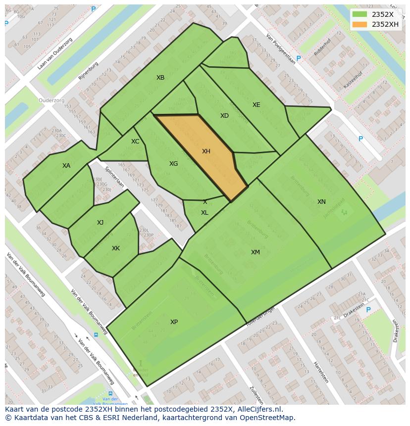 Afbeelding van het postcodegebied 2352 XH op de kaart.