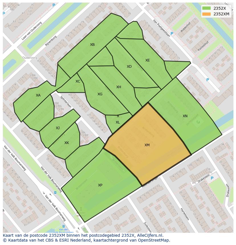 Afbeelding van het postcodegebied 2352 XM op de kaart.