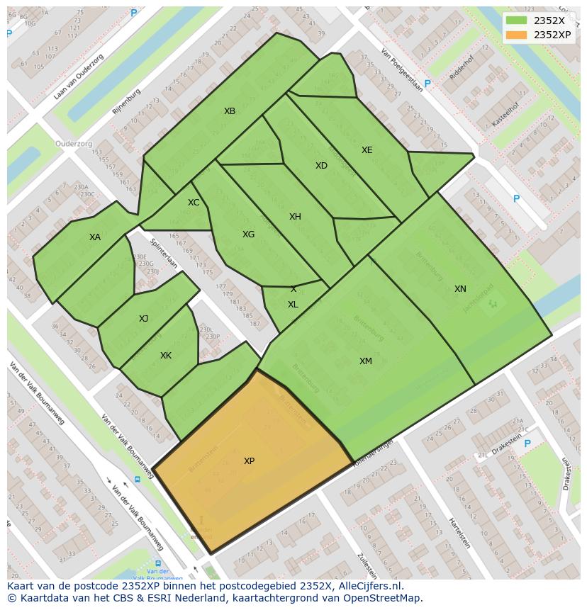 Afbeelding van het postcodegebied 2352 XP op de kaart.