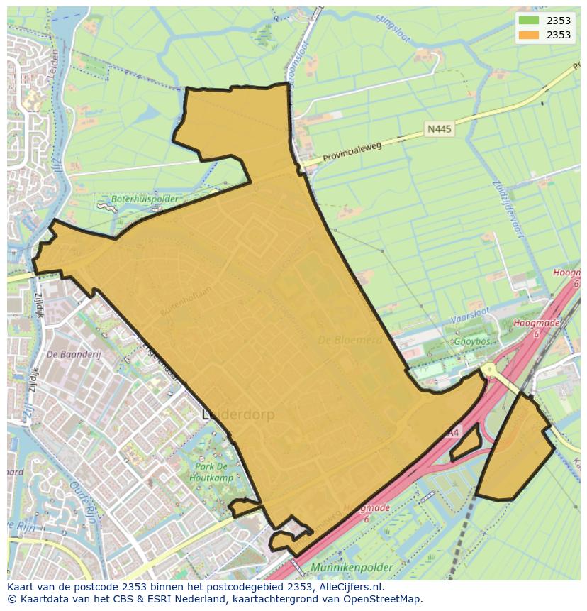 Afbeelding van het postcodegebied 2353 op de kaart.