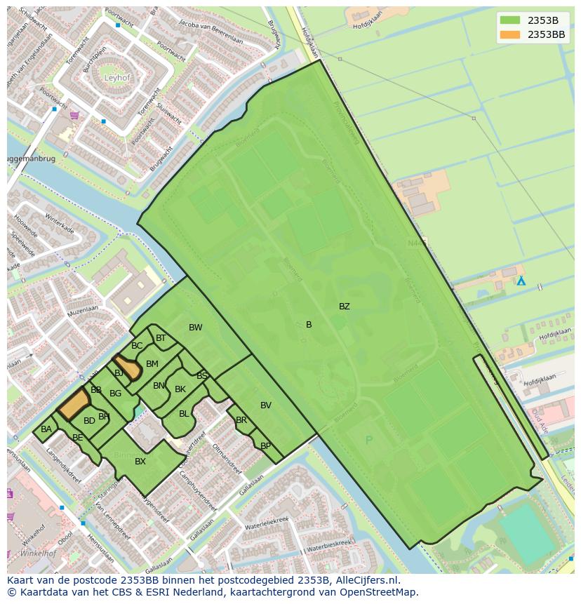 Afbeelding van het postcodegebied 2353 BB op de kaart.