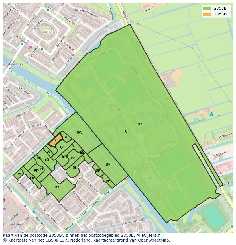 Afbeelding van het postcodegebied 2353 BC op de kaart.