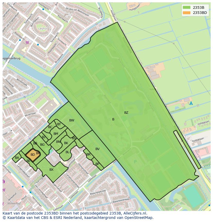 Afbeelding van het postcodegebied 2353 BD op de kaart.