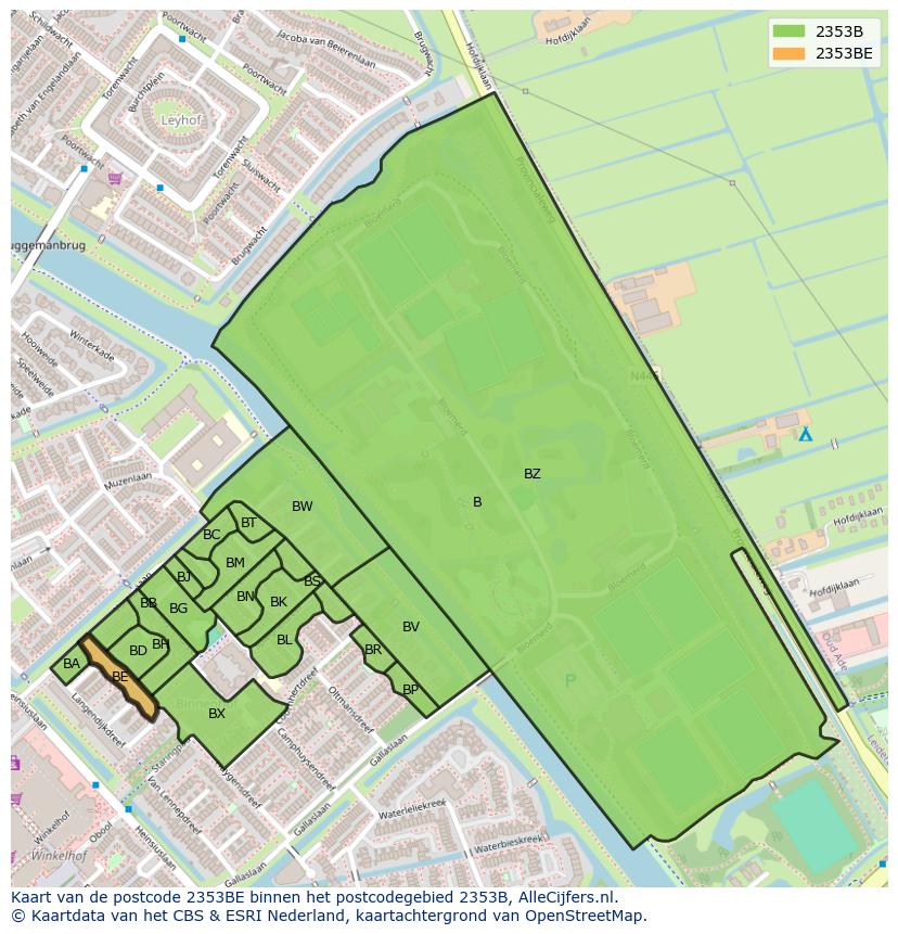 Afbeelding van het postcodegebied 2353 BE op de kaart.