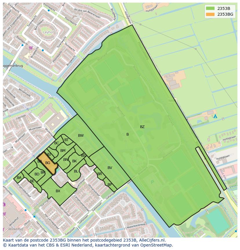 Afbeelding van het postcodegebied 2353 BG op de kaart.