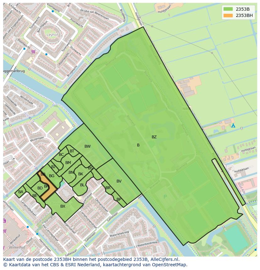 Afbeelding van het postcodegebied 2353 BH op de kaart.