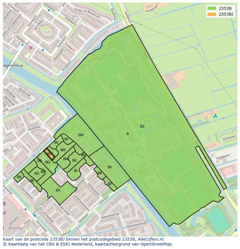Afbeelding van het postcodegebied 2353 BJ op de kaart.