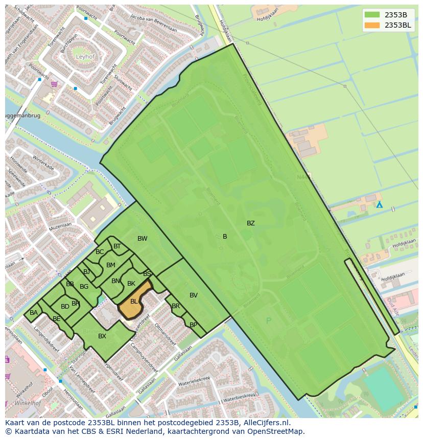 Afbeelding van het postcodegebied 2353 BL op de kaart.