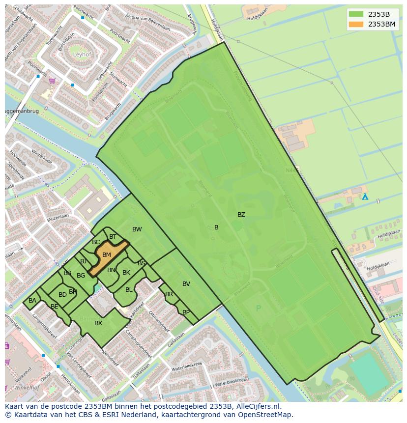 Afbeelding van het postcodegebied 2353 BM op de kaart.