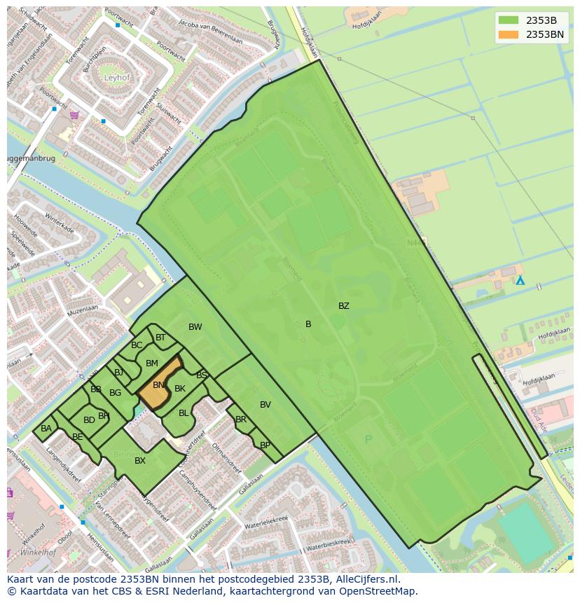 Afbeelding van het postcodegebied 2353 BN op de kaart.