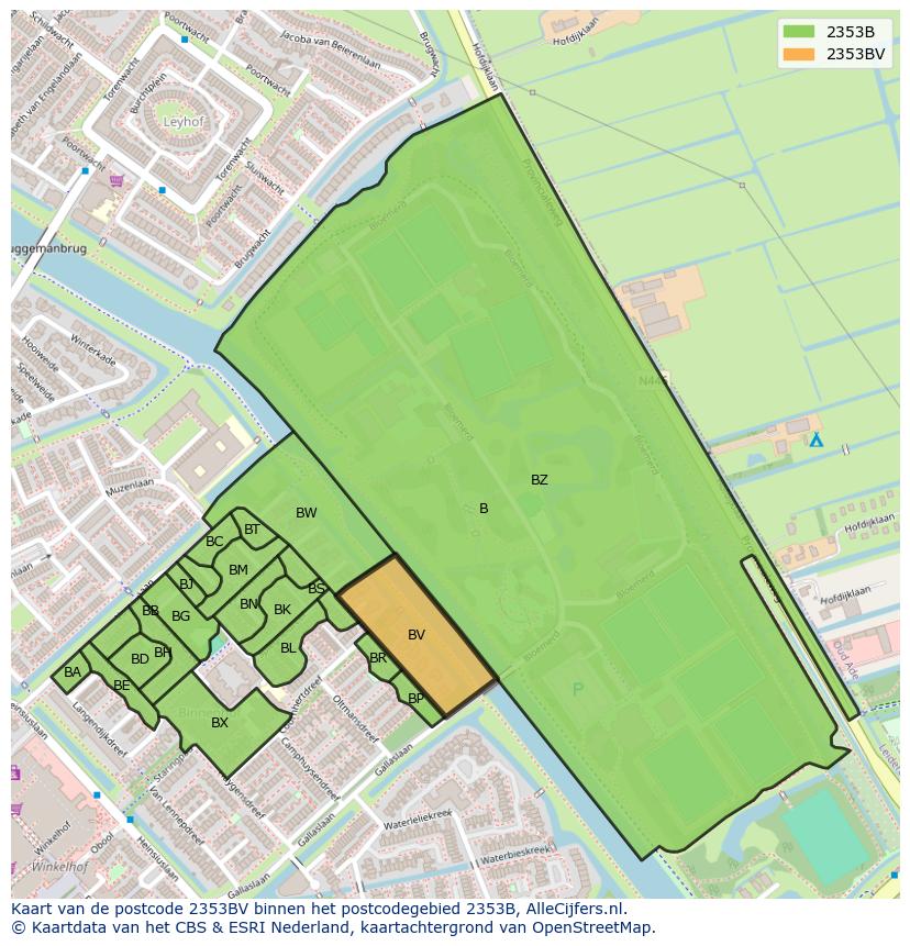 Afbeelding van het postcodegebied 2353 BV op de kaart.