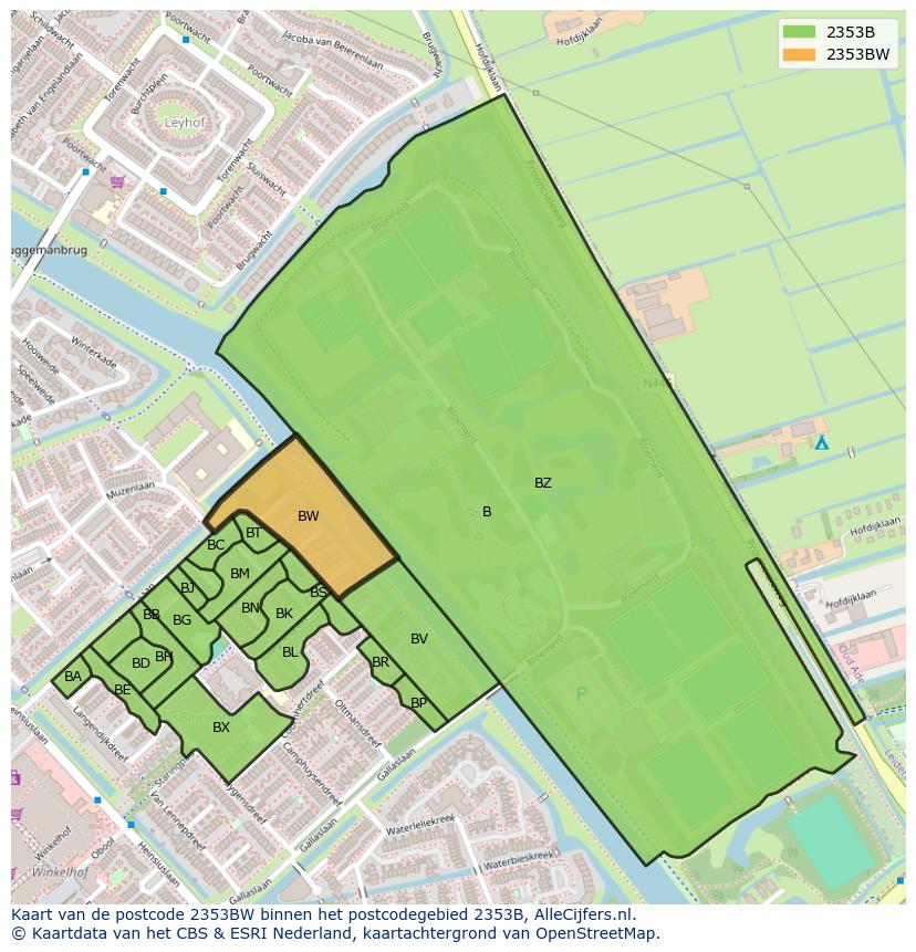 Afbeelding van het postcodegebied 2353 BW op de kaart.