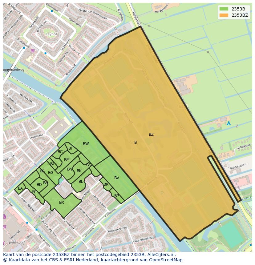 Afbeelding van het postcodegebied 2353 BZ op de kaart.