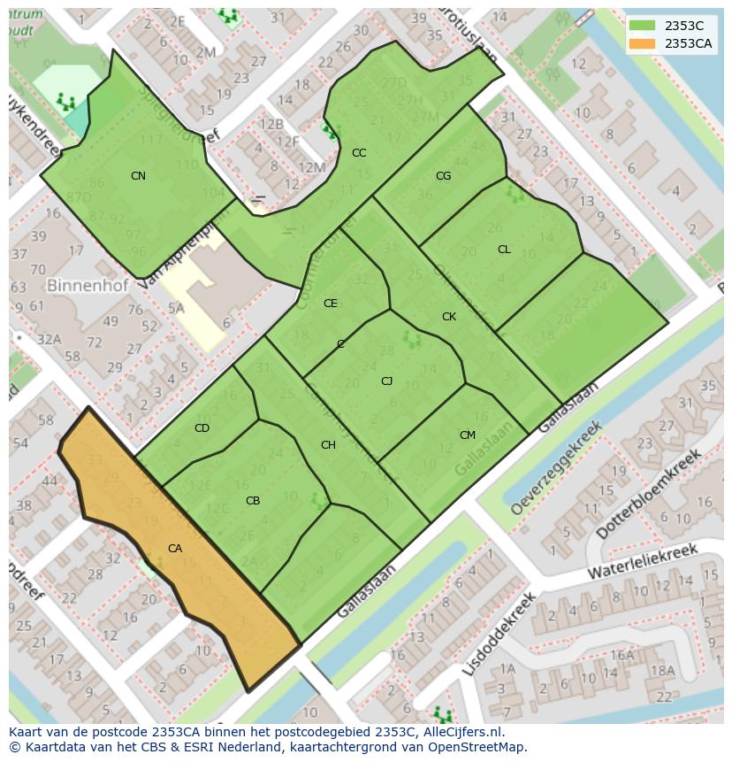 Afbeelding van het postcodegebied 2353 CA op de kaart.