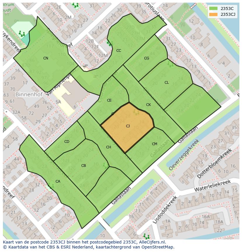 Afbeelding van het postcodegebied 2353 CJ op de kaart.