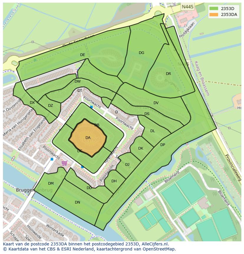 Afbeelding van het postcodegebied 2353 DA op de kaart.