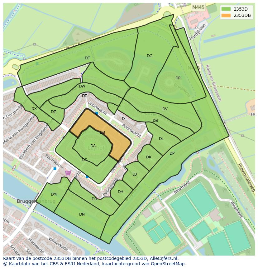 Afbeelding van het postcodegebied 2353 DB op de kaart.
