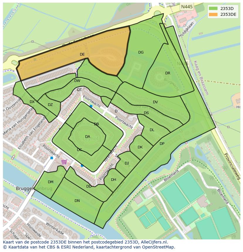 Afbeelding van het postcodegebied 2353 DE op de kaart.