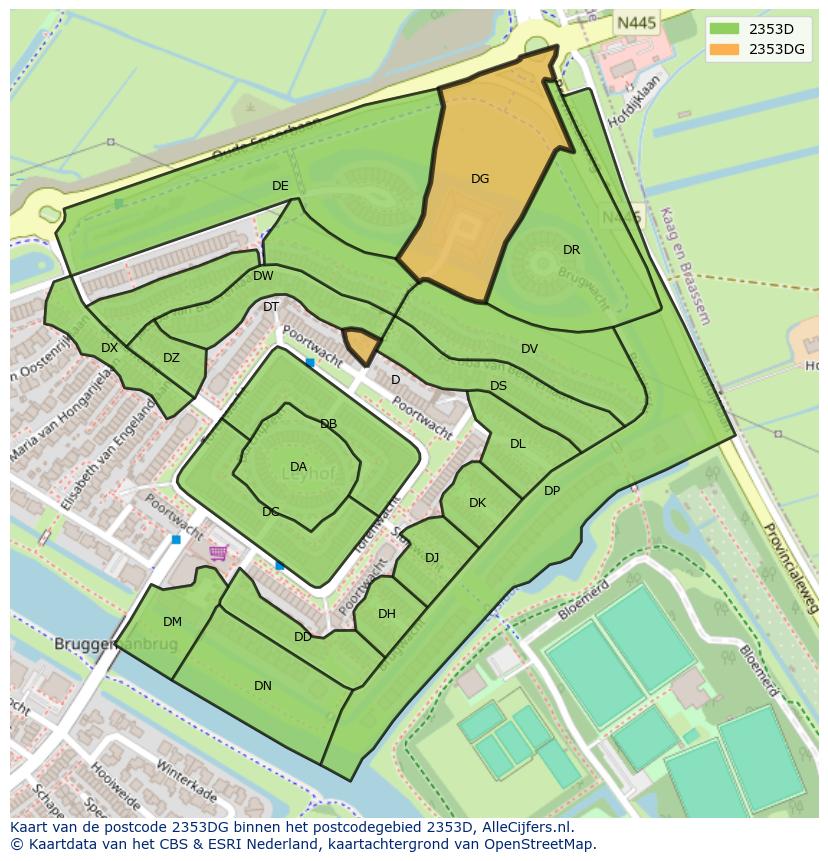 Afbeelding van het postcodegebied 2353 DG op de kaart.
