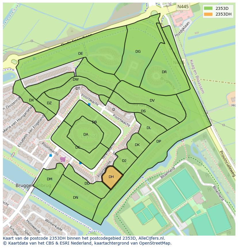 Afbeelding van het postcodegebied 2353 DH op de kaart.