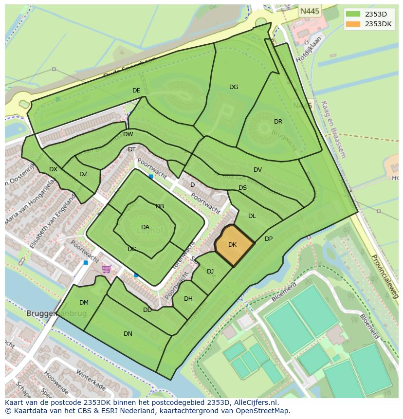 Afbeelding van het postcodegebied 2353 DK op de kaart.